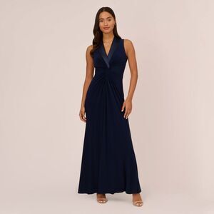 NWT ADRIANNA PAPELL | Matte Jersey Twist Front Tuxedo Long Gown In Midnight 6